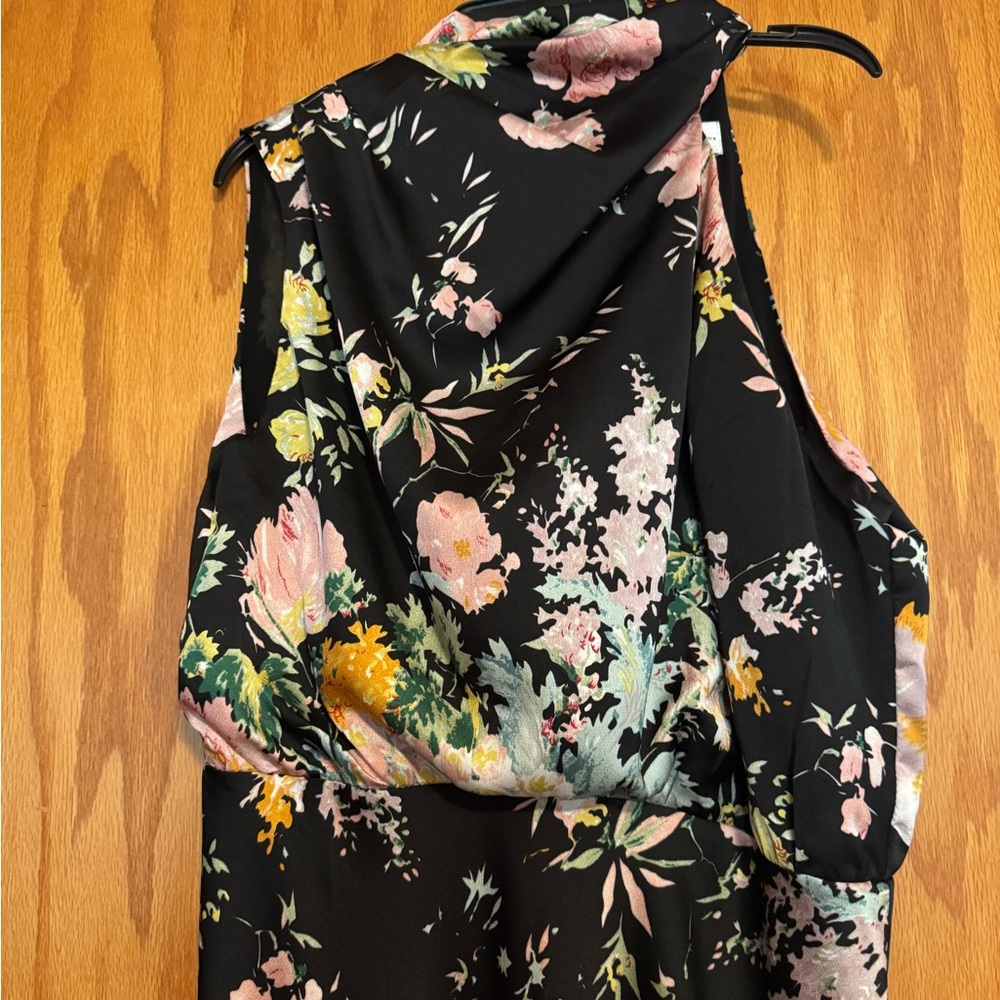 Petal & Pup Black Floral Dress with an Asymmetrical neckline. - Picture 4 of 7